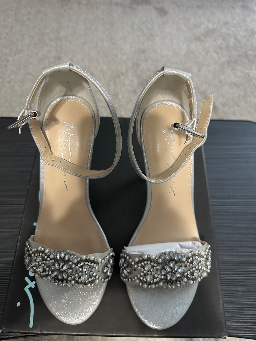 Silver Embellished Ankle-Strap Heels